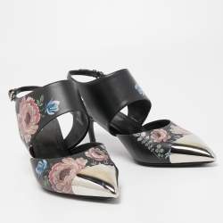 Pre Owned Louis Vuitton Black Leather Printed Flower Metal Cap Toe Slingback Pumps Size 41