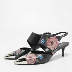 Pre Owned Louis Vuitton Black Leather Printed Flower Metal Cap Toe Slingback Pumps Size 41