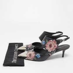 Pre Owned Louis Vuitton Black Leather Printed Flower Metal Cap Toe Slingback Pumps Size 41