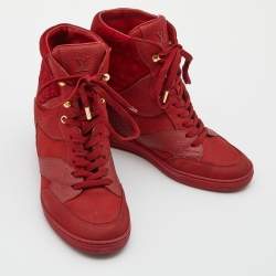 Louis Vuitton Red Monogram Suede and Leather High Top Sneakers Size 36.5