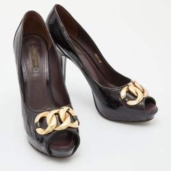 Pre Owned Louis Vuitton Amarante Monogram Vernis Claudia Peep Toe Pumps Size 38.5