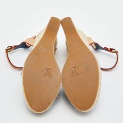 Pre Owned Louis Vuitton Blue/Beige Monogram Denim and Leather Espadrille Slingback Wedge Sandals Size 39.5