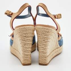 Pre Owned Louis Vuitton Blue/Beige Monogram Denim and Leather Espadrille Slingback Wedge Sandals Size 39.5