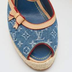Pre Owned Louis Vuitton Blue/Beige Monogram Denim and Leather Espadrille Slingback Wedge Sandals Size 39.5