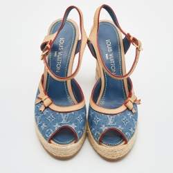 Pre Owned Louis Vuitton Blue/Beige Monogram Denim and Leather Espadrille Slingback Wedge Sandals Size 39.5