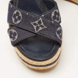 Louis Vuitton Blue Denim Formentera  Ankle Strap Platform Wedge Sandals Size 36