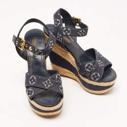Louis Vuitton Blue Denim Formentera  Ankle Strap Platform Wedge Sandals Size 36