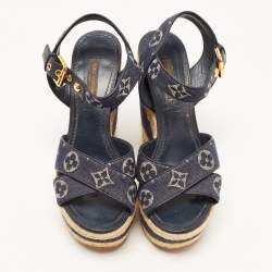 Louis Vuitton Blue Denim Formentera  Ankle Strap Platform Wedge Sandals Size 36