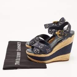 Louis Vuitton Blue Denim Formentera  Ankle Strap Platform Wedge Sandals Size 36