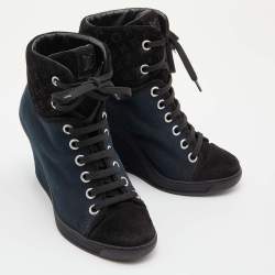Louis Vuitton Blue/Black Canvas and Monogram Suede Millenium Wedge Sneakers Size 36.5