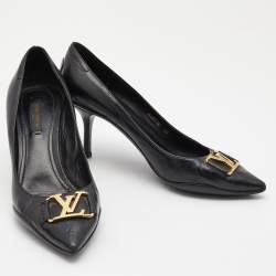 Pre Owned Louis Vuitton Black Leather Logo Pointed Toe Pumps Size 38