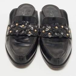 مملوكة مسبقًا Louis Vuitton Black Leather Studded Flower Applique Mules Size 37.5