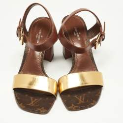 Pre Owned Louis Vuitton Brown/Gold Leather Bloom Ankle Strap Sandals Size 36