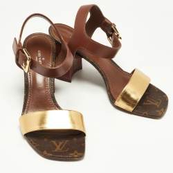 Pre Owned Louis Vuitton Brown/Gold Leather Bloom Ankle Strap Sandals Size 36