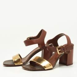 Pre Owned Louis Vuitton Brown/Gold Leather Bloom Ankle Strap Sandals Size 36