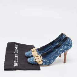 مملوكة مسبقًا Louis Vuitton Navy Blue Denim and Leather Pumps Size 38.5