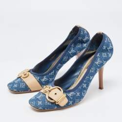 مملوكة مسبقًا Louis Vuitton Navy Blue Denim and Leather Pumps Size 38.5