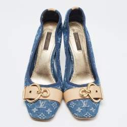 مملوكة مسبقًا Louis Vuitton Navy Blue Denim and Leather Pumps Size 38.5