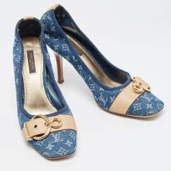 مملوكة مسبقًا Louis Vuitton Navy Blue Denim and Leather Pumps Size 38.5