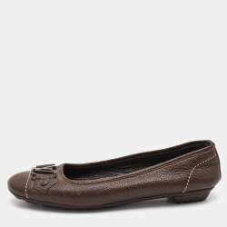 Pre Owned Louis Vuitton Brown Leather LV Buckle Ballet Flats Size 37.5