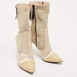 Pre Owned Louis Vuitton Beige Satin and Stretch Mesh Pointed Toe Ankle Booties Size 39