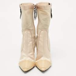Pre Owned Louis Vuitton Beige Satin and Stretch Mesh Pointed Toe Ankle Booties Size 39