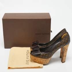 Pre Owned Louis Vuitton Brown Monogram Canvas and Patent Leather Cork Platform Pumps Size 37.5
