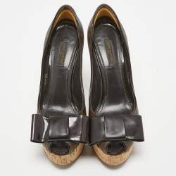 Pre Owned Louis Vuitton Brown Monogram Canvas and Patent Leather Cork Platform Pumps Size 37.5