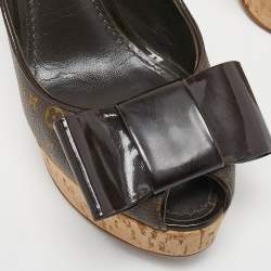 Pre Owned Louis Vuitton Brown Monogram Canvas and Patent Leather Cork Platform Pumps Size 37.5