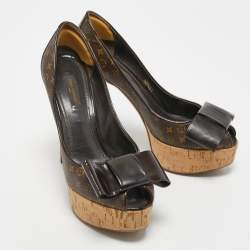 Pre Owned Louis Vuitton Brown Monogram Canvas and Patent Leather Cork Platform Pumps Size 37.5