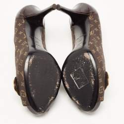 Pre Owned Louis Vuitton Brown Monogram Canvas and Patent Leather Peep Toe Pumps Size 37