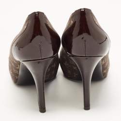 Pre Owned Louis Vuitton Brown Monogram Canvas and Patent Leather Peep Toe Pumps Size 37