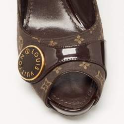 Pre Owned Louis Vuitton Brown Monogram Canvas and Patent Leather Peep Toe Pumps Size 37