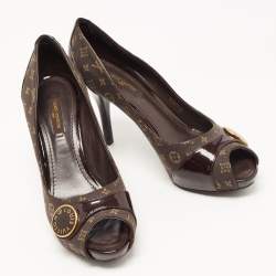 Pre Owned Louis Vuitton Brown Monogram Canvas and Patent Leather Peep Toe Pumps Size 37
