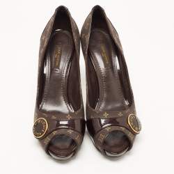 Pre Owned Louis Vuitton Brown Monogram Canvas and Patent Leather Peep Toe Pumps Size 37