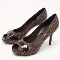 Pre Owned Louis Vuitton Brown Monogram Canvas and Patent Leather Peep Toe Pumps Size 37