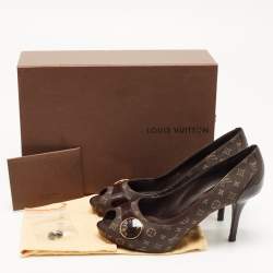 Pre Owned Louis Vuitton Brown Monogram Canvas and Patent Leather Peep Toe Pumps Size 37