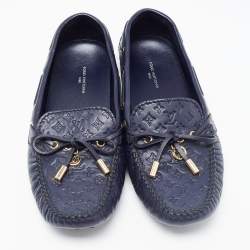مملوكة مسبقًا Louis Vuitton Navy Blue Leather Gloria Bow Slip On Loafers Size 39