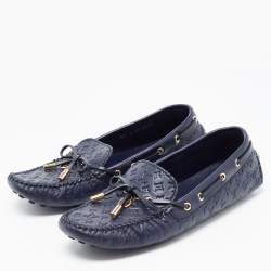 مملوكة مسبقًا Louis Vuitton Navy Blue Leather Gloria Bow Slip On Loafers Size 39