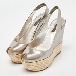 Pre Owned Louis Vuitton Metallic Leather Lagoon Wedge Sandals Size 37