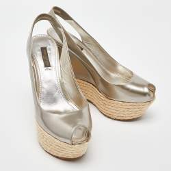 Pre Owned Louis Vuitton Metallic Leather Lagoon Wedge Sandals Size 37