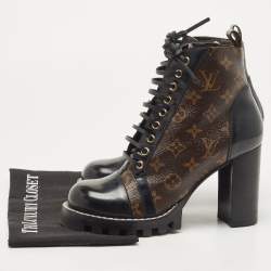 Pre Owned Louis Vuitton Black/Brown Leather and Monogram Canvas Star Trail Ankle Boots Size 40