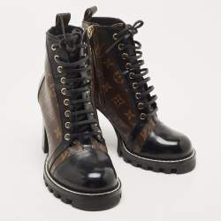 Pre Owned Louis Vuitton Black/Brown Leather and Monogram Canvas Star Trail Ankle Boots Size 40