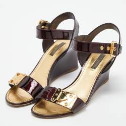 Louis Vuitton Burgundy Patent Leather Wedge Ankle Strap Sandals Size 37