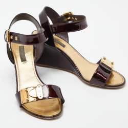 Louis Vuitton Burgundy Patent Leather Wedge Ankle Strap Sandals Size 37