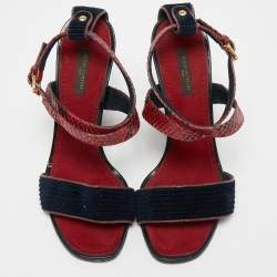 Louis Vuitton Dark Red/Navy Blue Snakeskin and Velvet Cross Ankle Strap Wedge Sandals Size 38