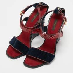 Louis Vuitton Dark Red/Navy Blue Snakeskin and Velvet Cross Ankle Strap Wedge Sandals Size 38