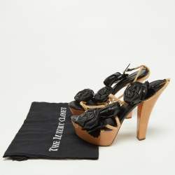 Louis Vuitton Black Leather Floral Applique Rope Strap Platform Sandals Size 38