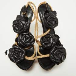 Louis Vuitton Black Leather Floral Applique Rope Strap Platform Sandals Size 38