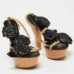 Louis Vuitton Black Leather Floral Applique Rope Strap Platform Sandals Size 38